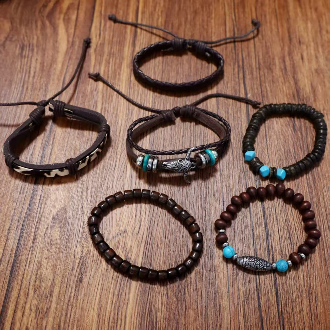 6pcs Western Retro Skull Bullhead Turquoise Leather Beaded Bracelet - image 3