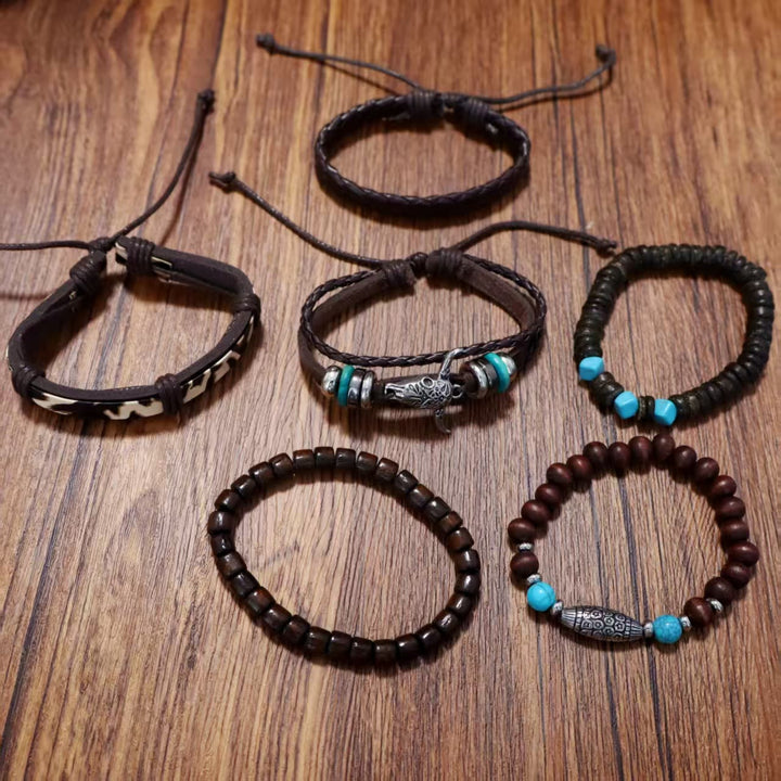 6pcs Western Retro Skull Bullhead Turquoise Leather Beaded Bracelet - image 3
