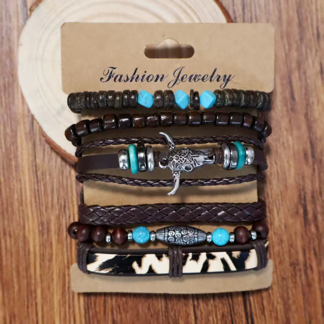 6pcs Western Retro Skull Bullhead Turquoise Leather Beaded Bracelet - image 1
