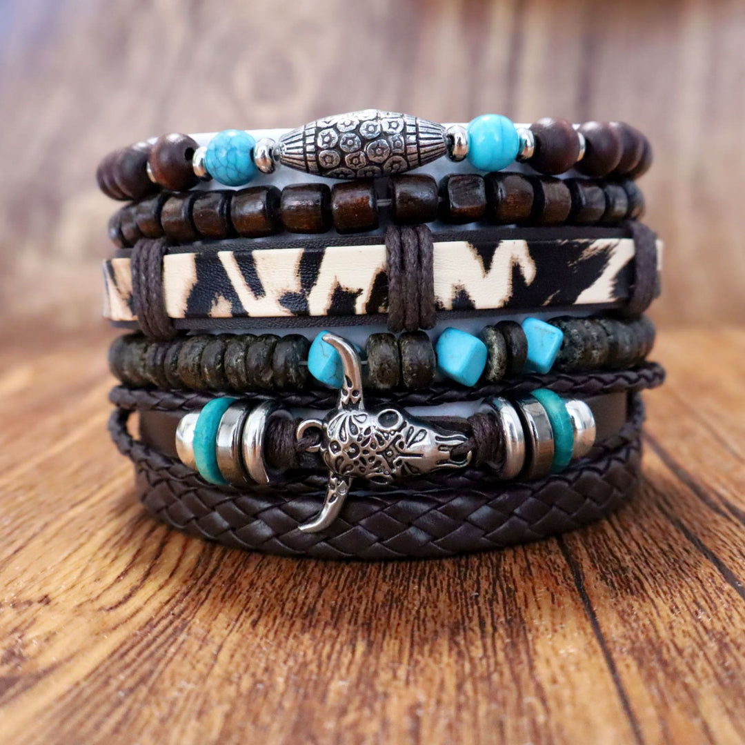 6pcs Western Retro Skull Bullhead Turquoise Leather Beaded Bracelet - Bullhead - image 0