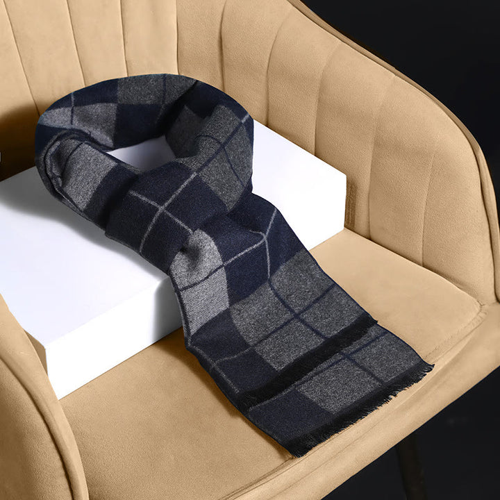 Men's Classic Plaid Tassel Warm Scarf - Navy Blue - image 2