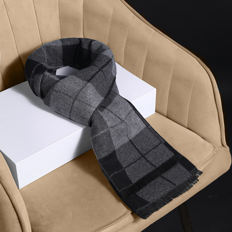 Men's Classic Plaid Tassel Warm Scarf - Black Grey - image 3