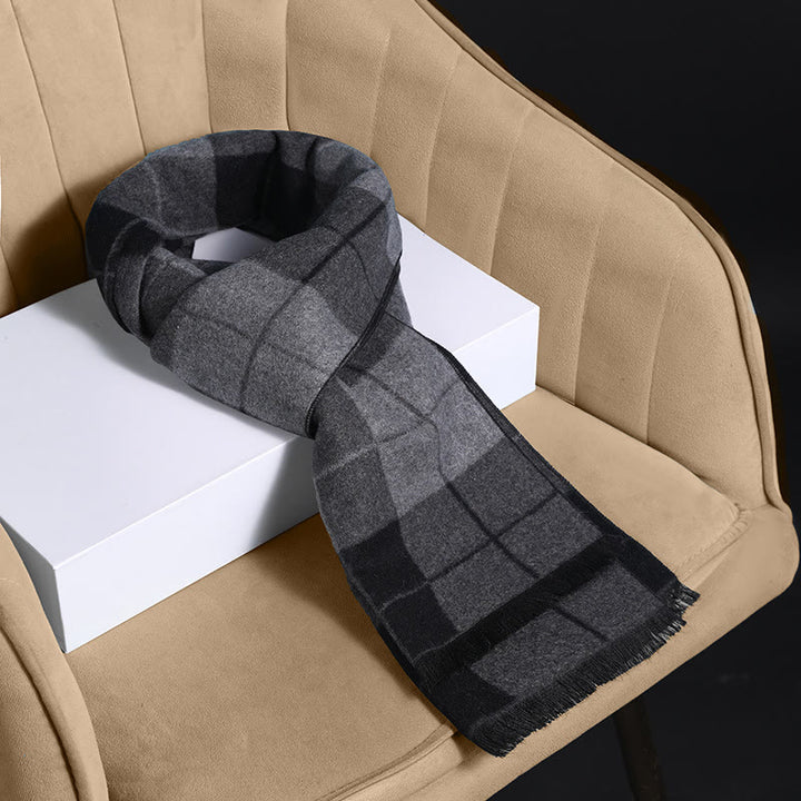 Men's Classic Plaid Tassel Warm Scarf - Black Grey - image 3