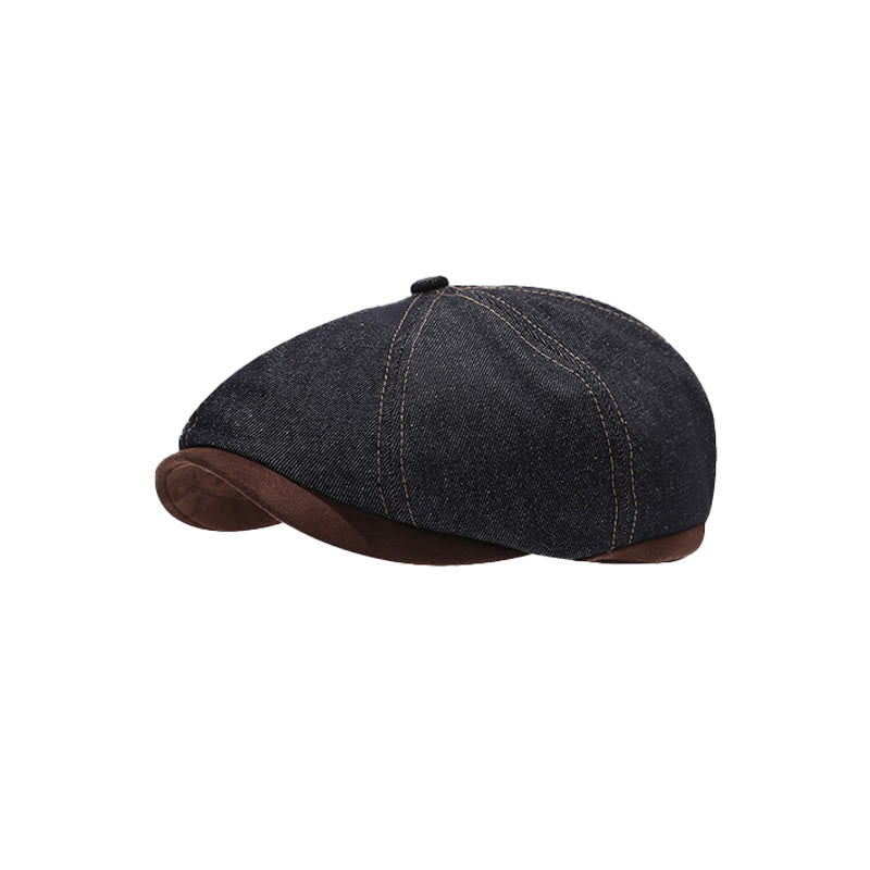Winter Retro Denim Contrast Brim Men's Beret Hat - Dark Blue - Adjustable(22"-22 7/8") - image 0