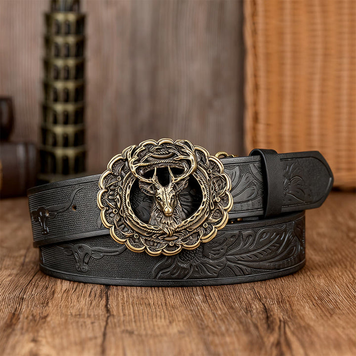 Men's Exquisite Deer Head Buckle Embossed Belt - Black - 38 - image 0