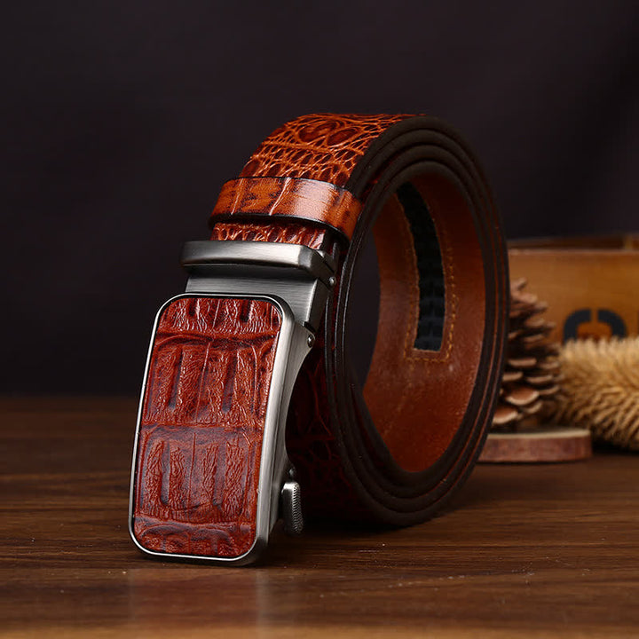 Bold Crocodile Embossed Automatic Buckle Leather Belt - Brown - 44 - image 0