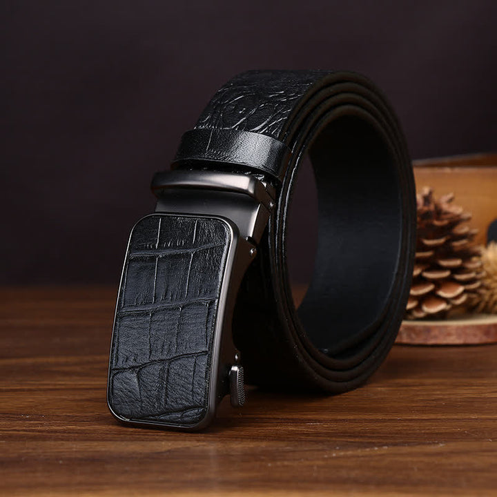 Bold Crocodile Embossed Automatic Buckle Leather Belt - Black - 44 - image 8