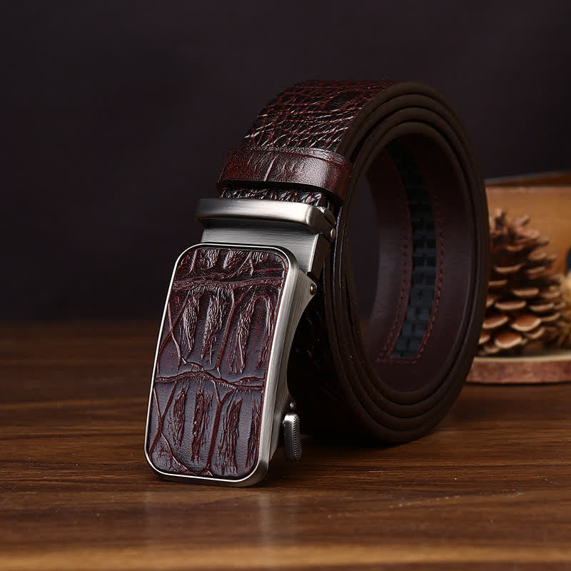 Bold Crocodile Embossed Automatic Buckle Leather Belt - Coffee - 44 - image 5