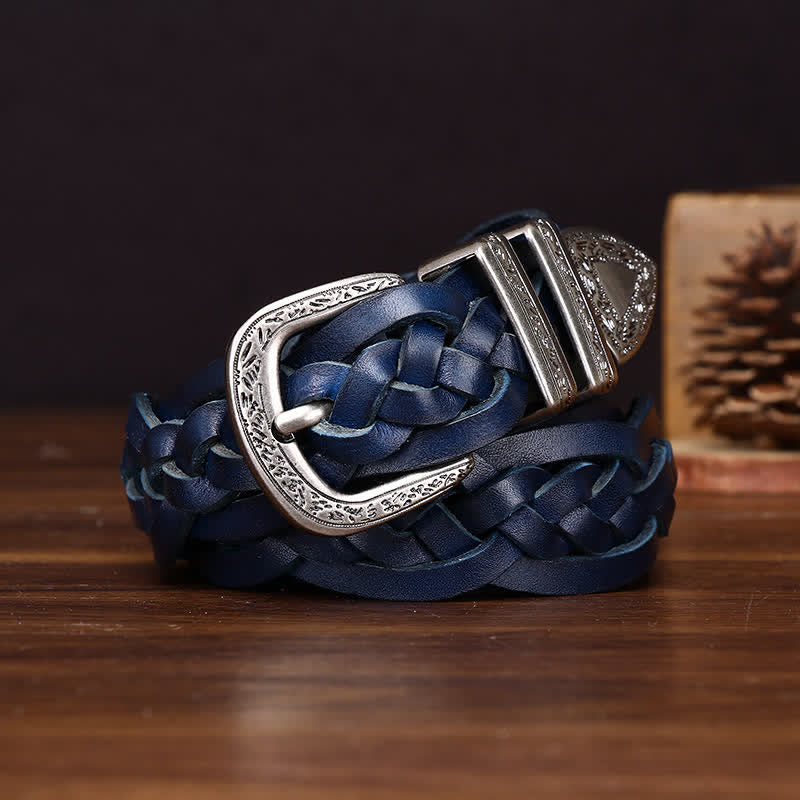 Rustic Charm Handwoven Braided Casual Leather Belt - Blue - 38 - image 14