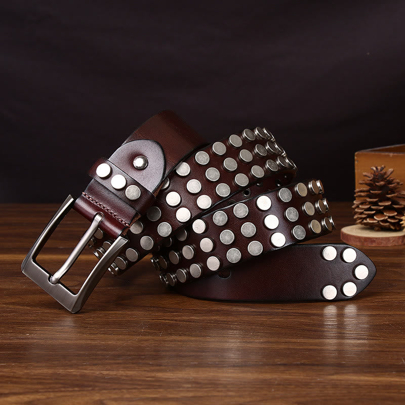 Bold High-Quality Rivet-Adorned Buckle Leather Belt - Brown - 44 - image 3