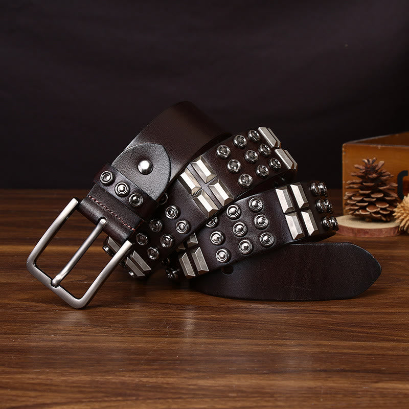 Edgy Premium Geometric and Round Stud-Embellished Leather Belt - Brown - 44 - image 5