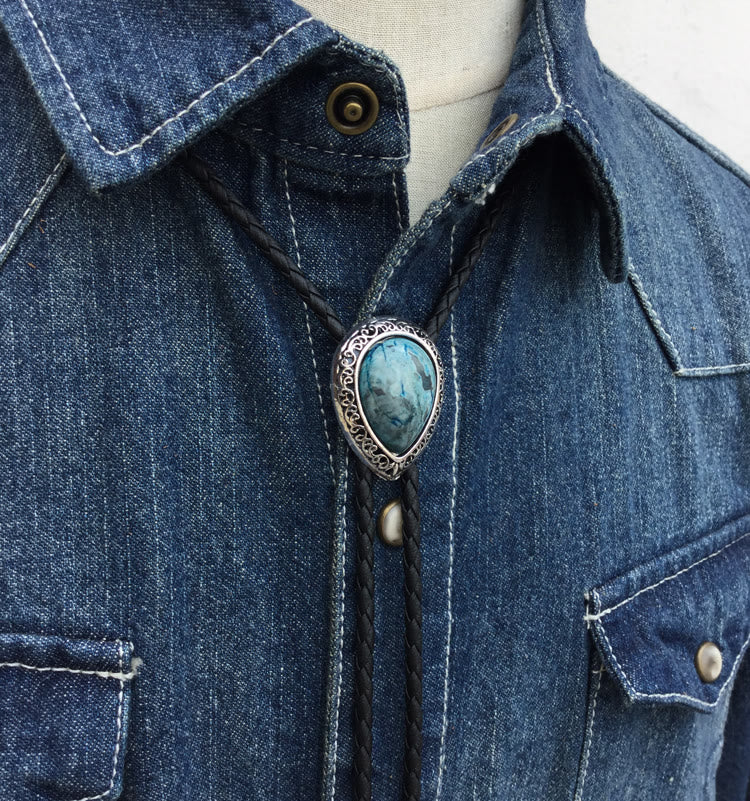 Teardrop Turquoise Vintage Carved Metal Bolo Ties - image 2