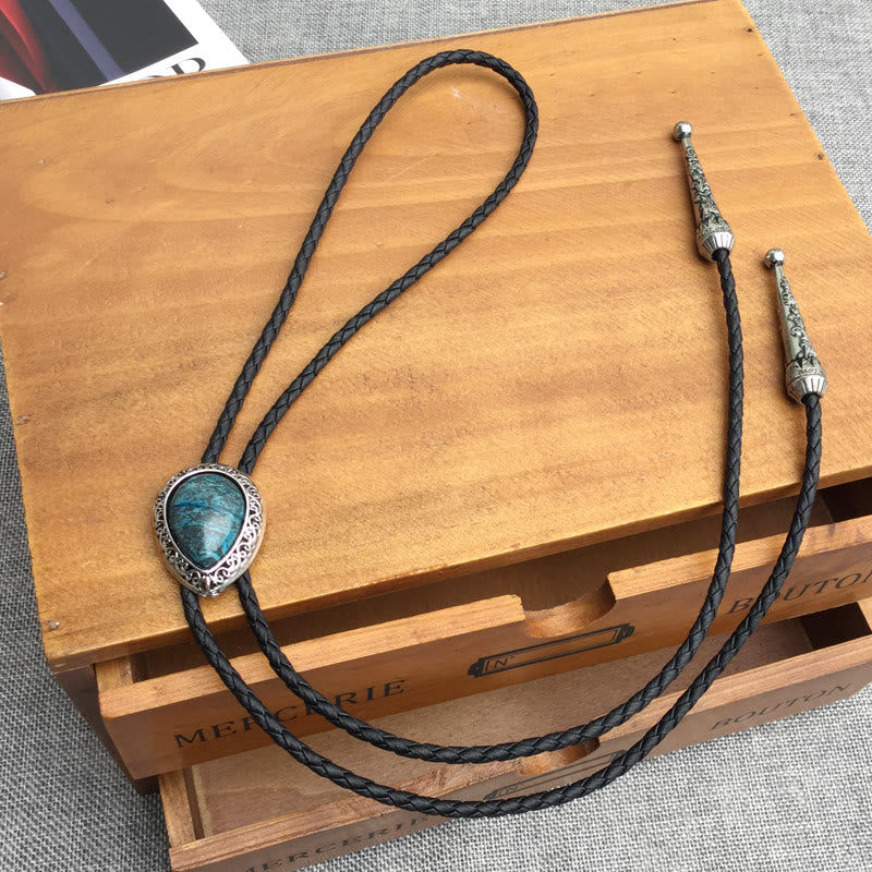 Teardrop Turquoise Vintage Carved Metal Bolo Ties - image 6