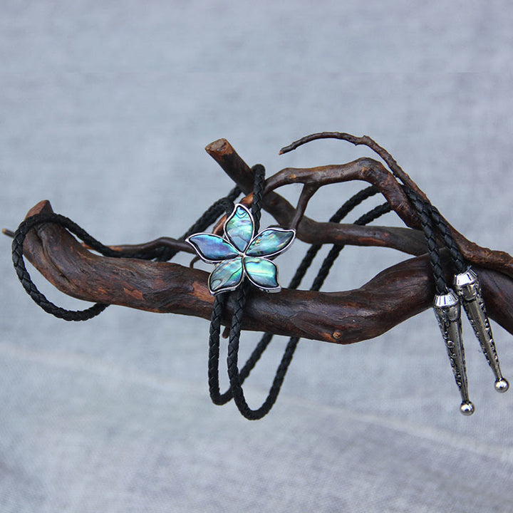 Flower-Shaped Iridescent Abalone Shell Vintage Metal Bolo Ties - image 1