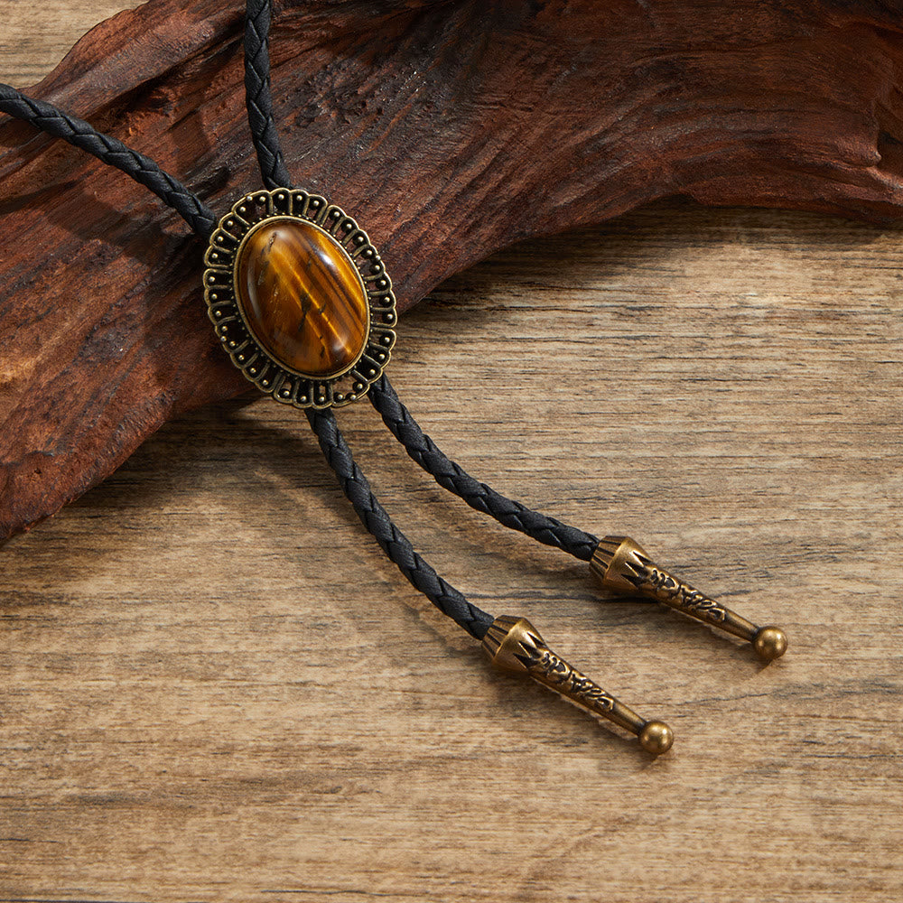 Assorted Natural Gemstone Retro Metal Frame Bolo Ties - Style #4 - image 4