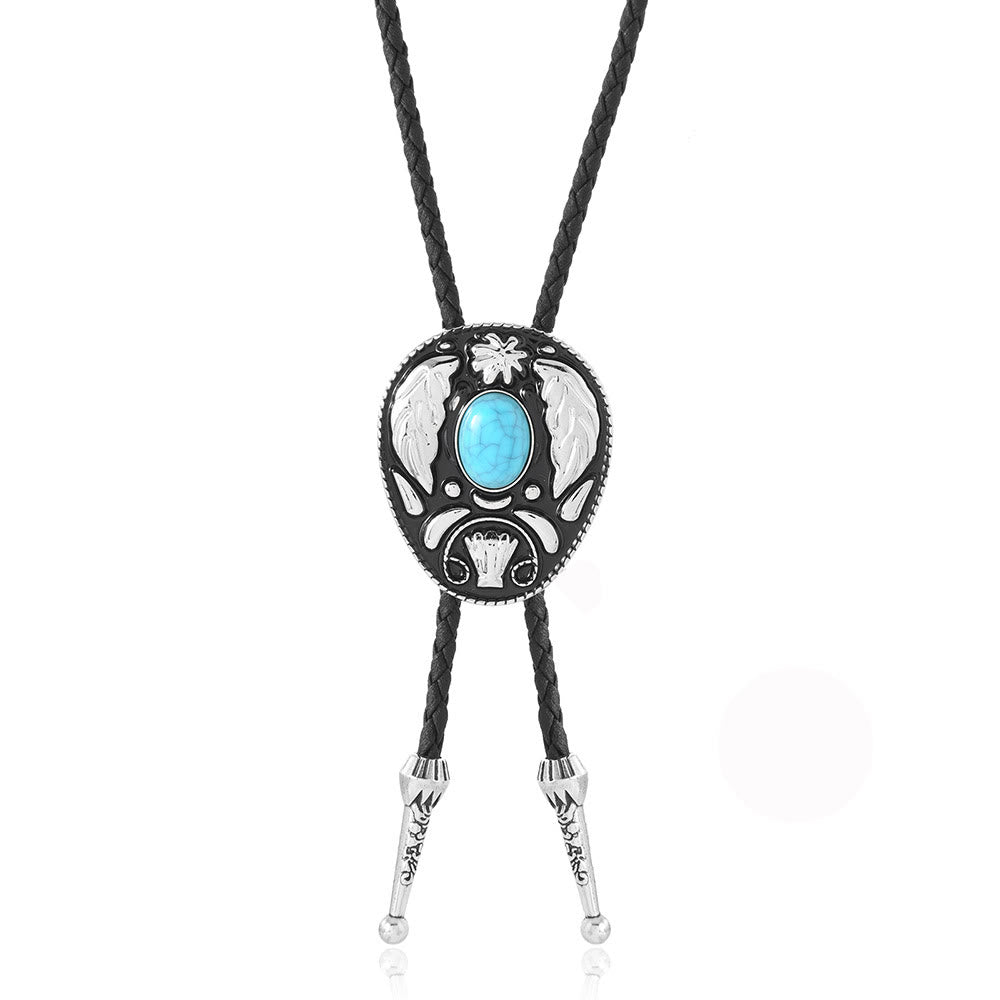 Oval Turquoise Black-and-white Carved Metal Bolo Ties - Black - image 0