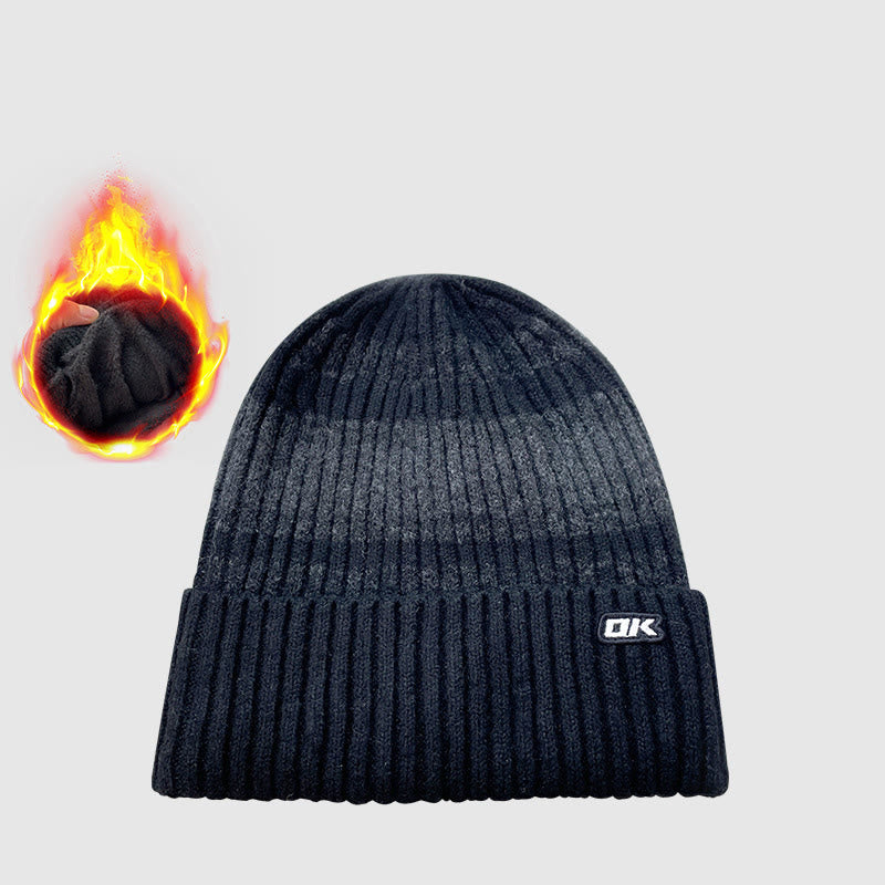 Men's Winter Fleece-Lined Striped Knitted Beanie Hat - Black - Adjustable (21 1/4"-22 7/8") - image 1