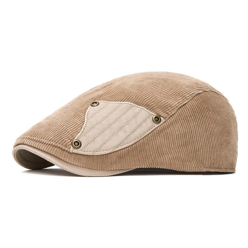 Street Style Chic Contrast Patch Corduroy Beret Hat - Khaki - Adjustable (22"-24") - image 0