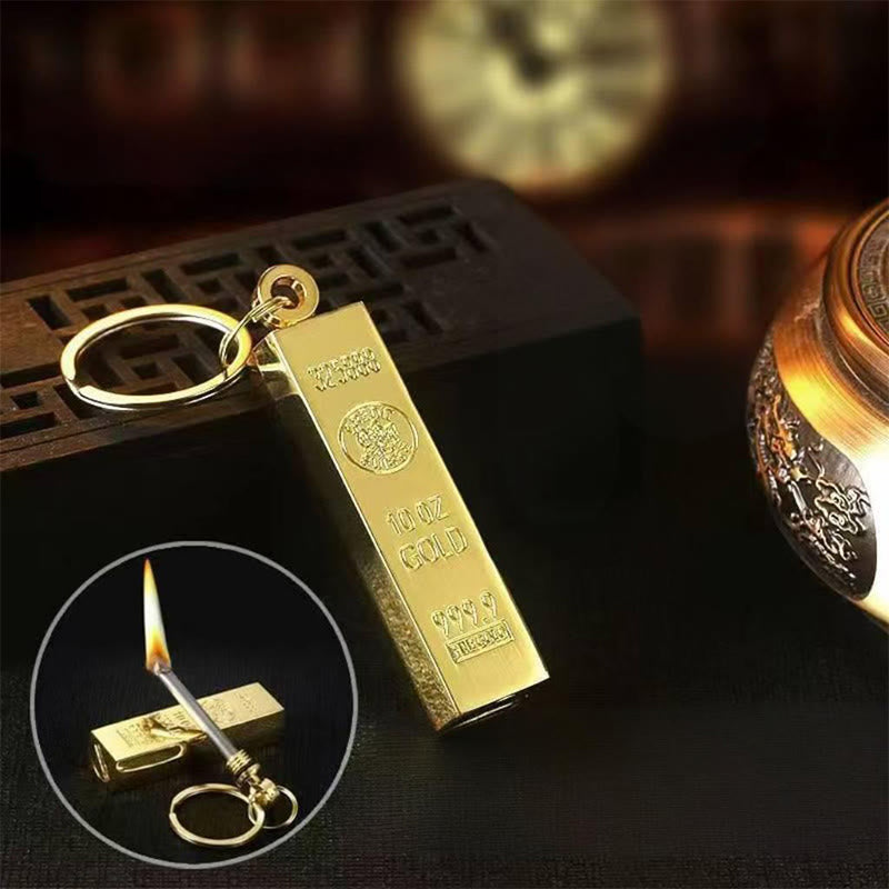 Gold Bar Design Metal Match Lighter With Keychain - Golden - image 1
