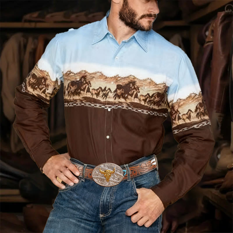 Men's Western Retro Mountain Horse Print Shirt Long Sleeves - image 0