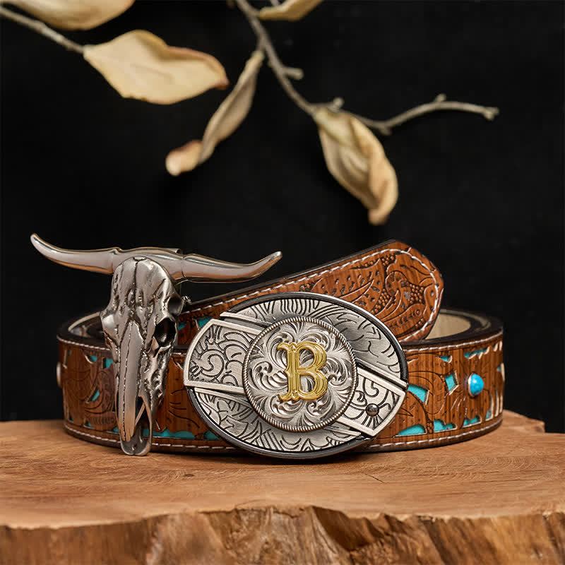 Initial Letter DIY Hidden Knife Belt Buckle Longhorn Pendant Bundle Set - B - Turquoise Carved Belt (40) - image 0