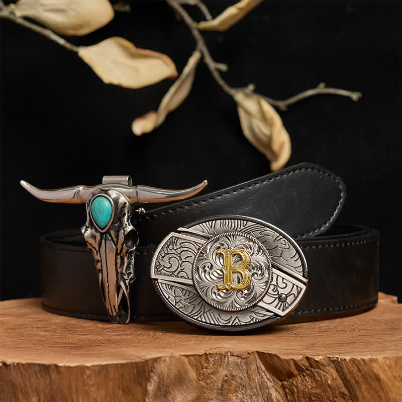 Initial Letter DIY Hidden Knife Buckle Turquoise Bull Pendant Bundle Set - B - Black PU Belt (40) - image 7