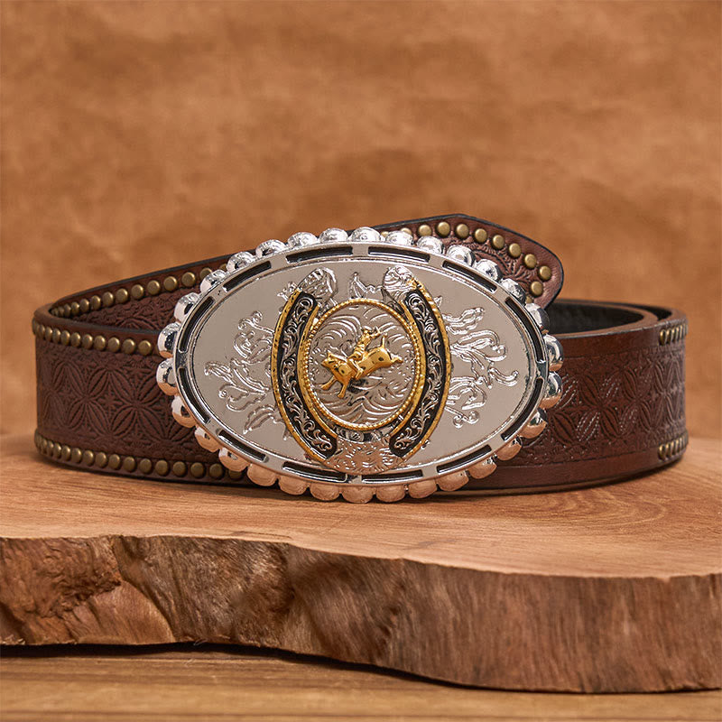 Retro Golden Cowboy Bull Silver Oval Buckle Leather Belt - Brown Rivet Belt - 42 - image 4