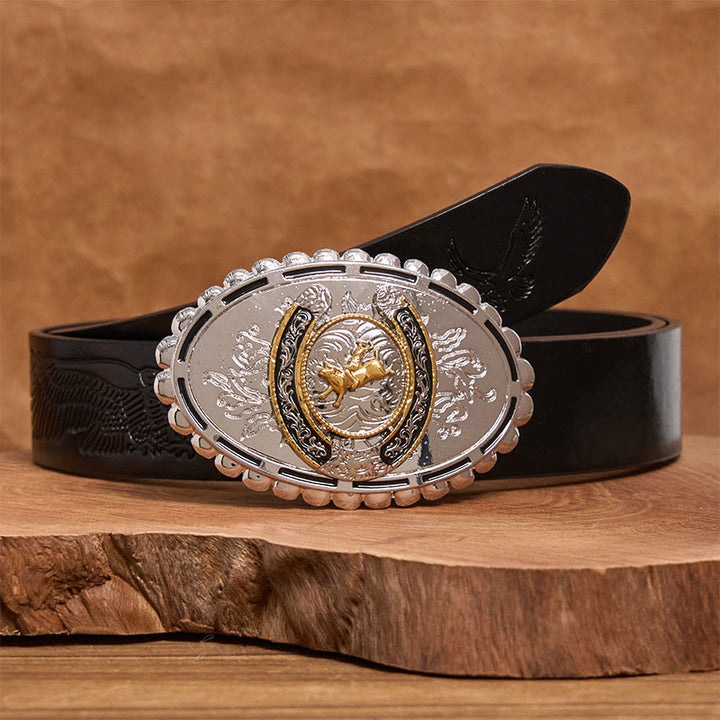 Retro Golden Cowboy Bull Silver Oval Buckle Leather Belt - Black Embossed Eagle Belt - 42 - image 2