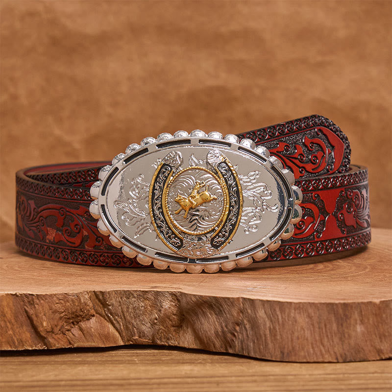 Retro Golden Cowboy Bull Silver Oval Buckle Leather Belt - Brown Carved Belt - 42 - image 6