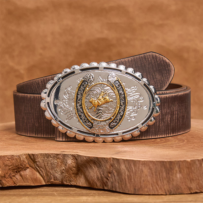 Retro Golden Cowboy Bull Silver Oval Buckle Leather Belt - Brown Distressed Belt - 42 - image 5
