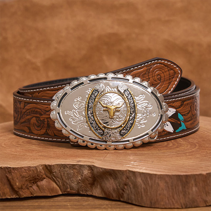 Men's Silver Carved Golden Bull Head Ellipse Buckle Leather Belt - Brown Feather Belt - 40 - image 7