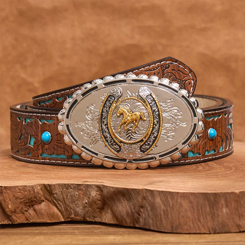 Men's Western Silver Carved Golden Horse Ellipse Buckle Leather Belt - Turquoise Carved Belt - 42 - image 3