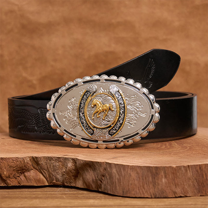 Men's Western Silver Carved Golden Horse Ellipse Buckle Leather Belt - Black Embossed Eagle Belt - 42 - image 2