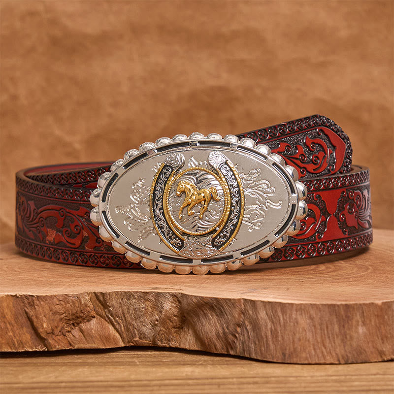 Men's Western Silver Carved Golden Horse Ellipse Buckle Leather Belt - Brown Carved Belt - 42 - image 6