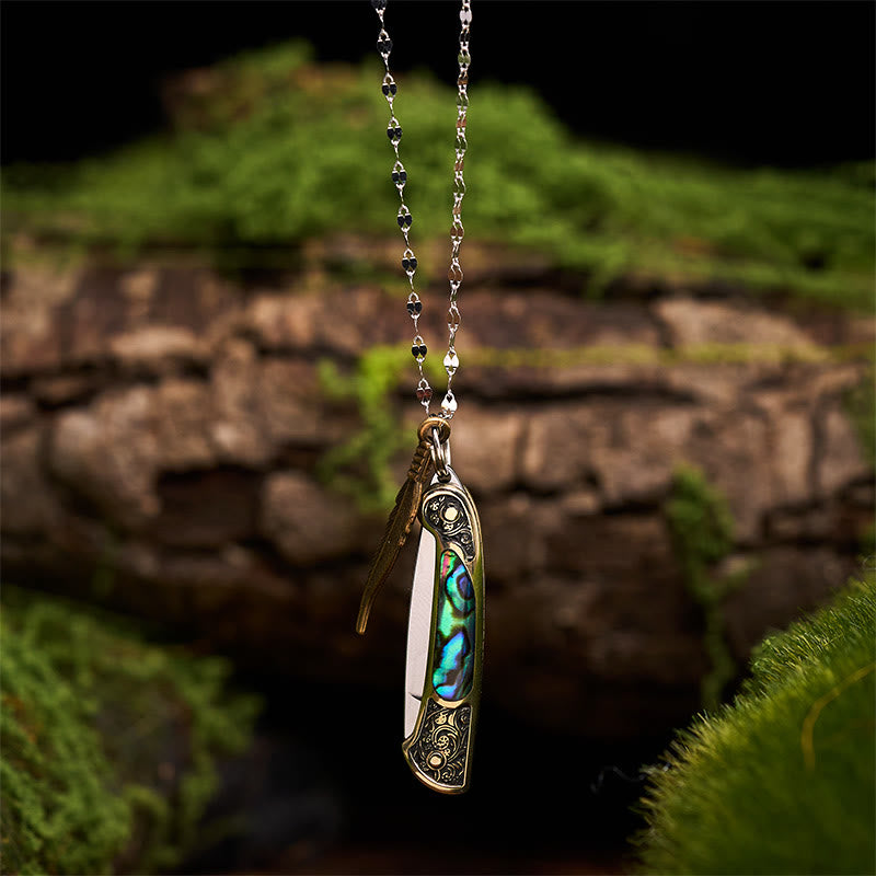 Exquisite Outdoor Tool Folding Knife Feather Pendant Necklace - Brass - image 4