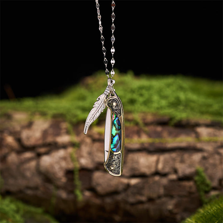 Exquisite Outdoor Tool Folding Knife Feather Pendant Necklace - Silver - image 0