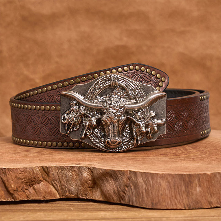 Men's Western Golden & Sliver Bull Head Buckle Leather Belt - Silver - Brown Rivet Belt - 42 - image 9