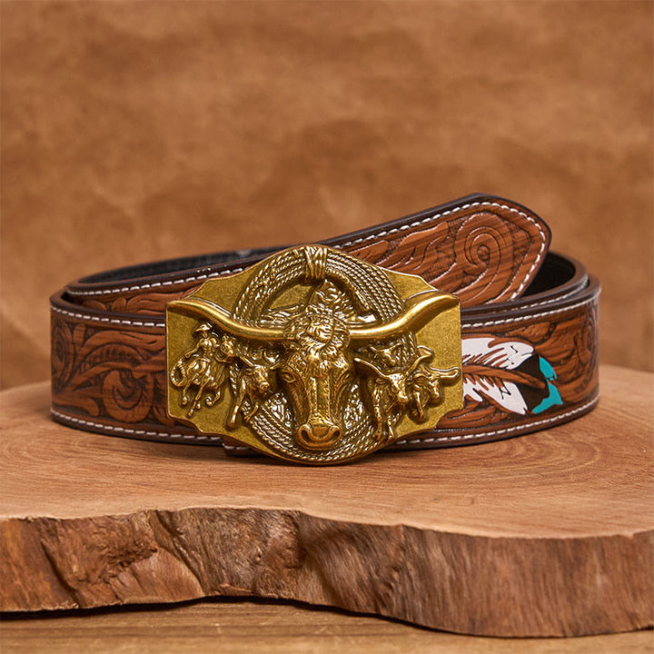 Men's Western Golden & Sliver Bull Head Buckle Leather Belt - Golden - Brown Feather Belt - 40 - image 14