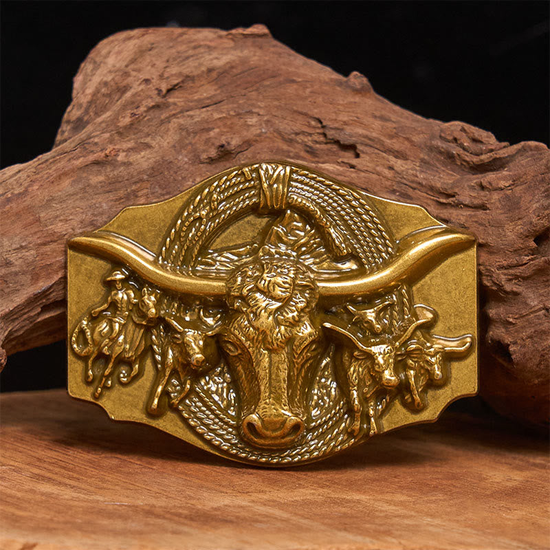 Men's Western Golden & Sliver Bull Head Buckle Leather Belt - Golden - Without Belt - Not Included Belt - image 0