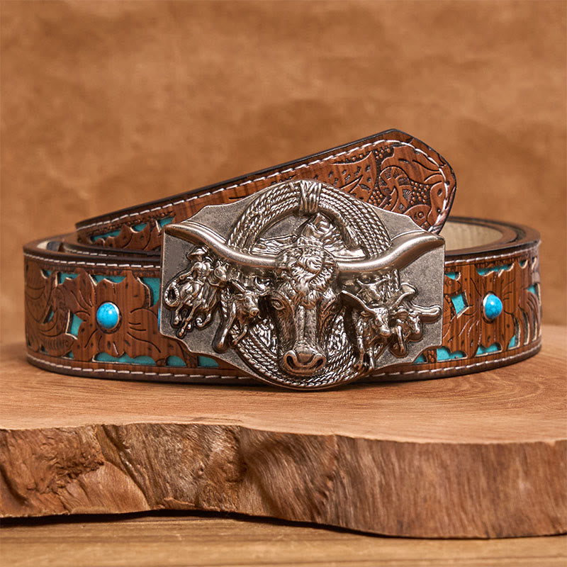 Men's Western Golden & Sliver Bull Head Buckle Leather Belt - Silver - Turquoise Carved Belt - 42 - image 7