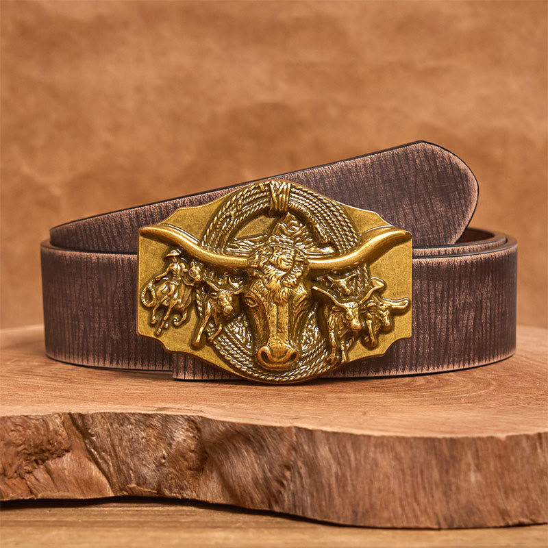 Men's Western Golden & Sliver Bull Head Buckle Leather Belt - Golden - Brown Distressed Belt - 42 - image 10