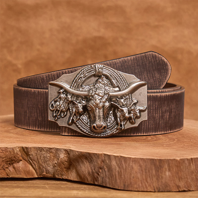 Men's Western Golden & Sliver Bull Head Buckle Leather Belt - Silver - Brown Distressed Belt - 42 - image 11