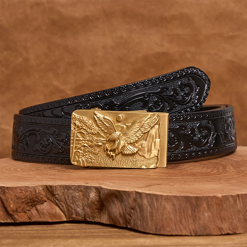 Men's Golden Eagle Carved Metal Automatic Buckle Leather Belt - Golden Eagle - Black Carved Pattern Belt (40) - image 5
