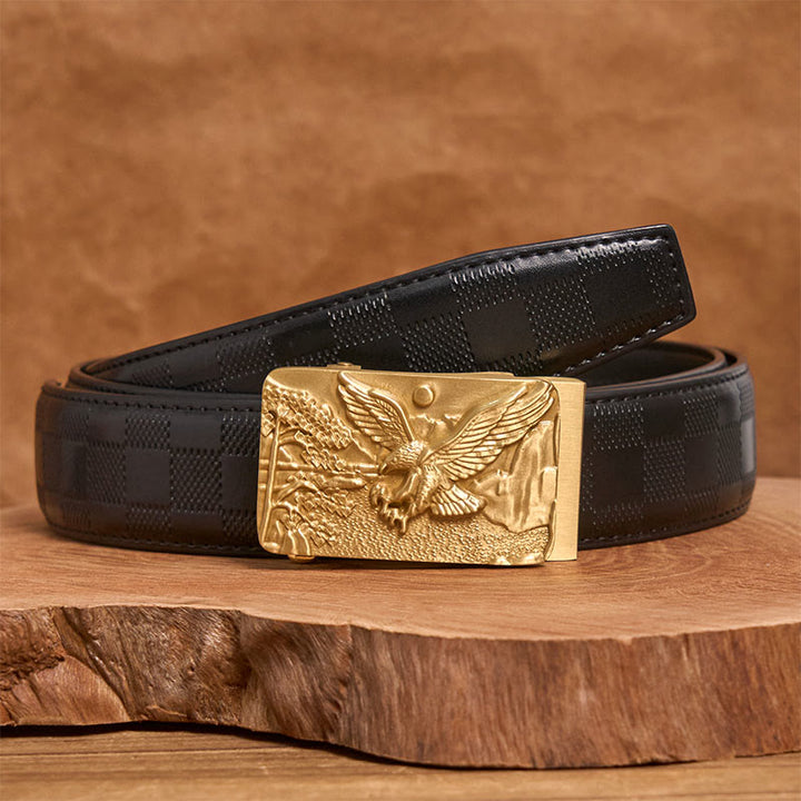 Men's Golden Eagle Carved Metal Automatic Buckle Leather Belt - Golden Eagle - Black Checked Pattern Belt (40) - image 6