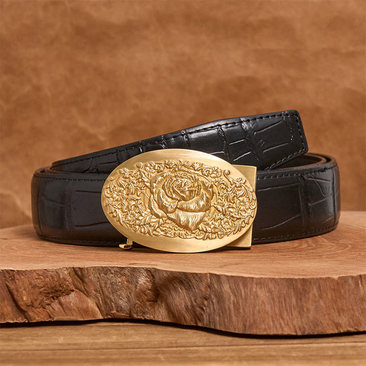 Men's Golden Rose Oval Metal Automatic Buckle Leather Belt - Golden Rose - Black Crocodile Pattern Belt (40) - image 2