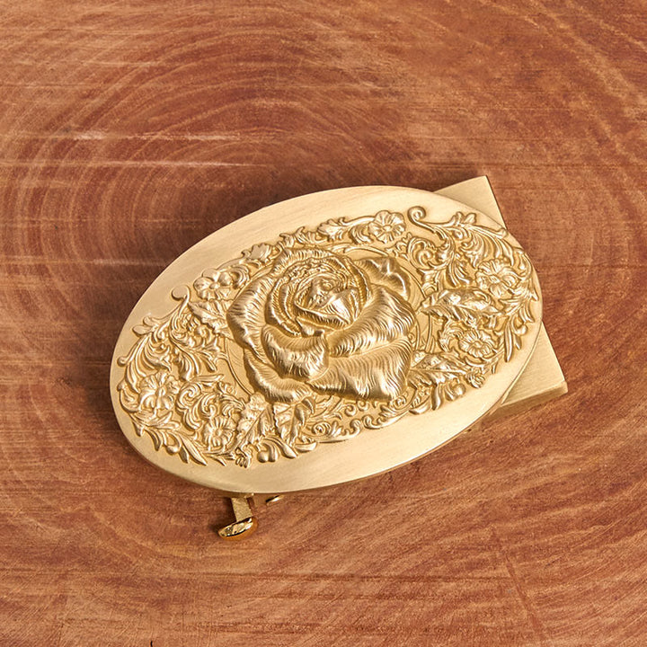 Men's Golden Rose Oval Metal Automatic Buckle Leather Belt - image 1