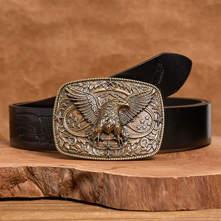 Men's Vintage Bronze 3D Eagle Buckle Leather Belt - Bronze - Black Embossed Eagle Belt - 42 - image 2