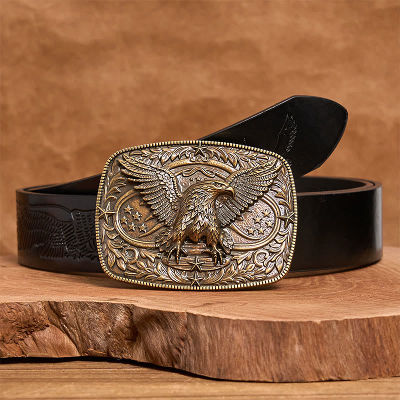 Men's Vintage Bronze 3D Eagle Buckle Leather Belt - Bronze - Black Embossed Eagle Belt - 42 - image 4