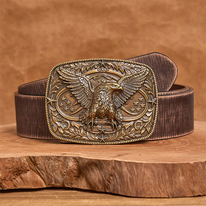 Men's Vintage Bronze 3D Eagle Buckle Leather Belt - Bronze - Brown Distressed Belt - 42 - image 8