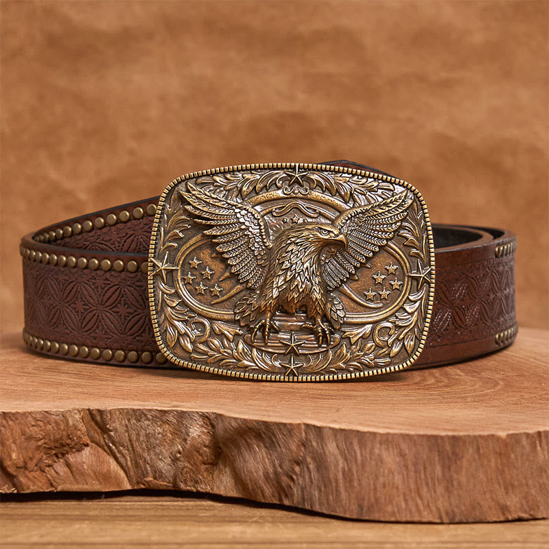Men's Vintage Bronze 3D Eagle Buckle Leather Belt - Bronze - Brown Rivet Belt - 42 - image 6